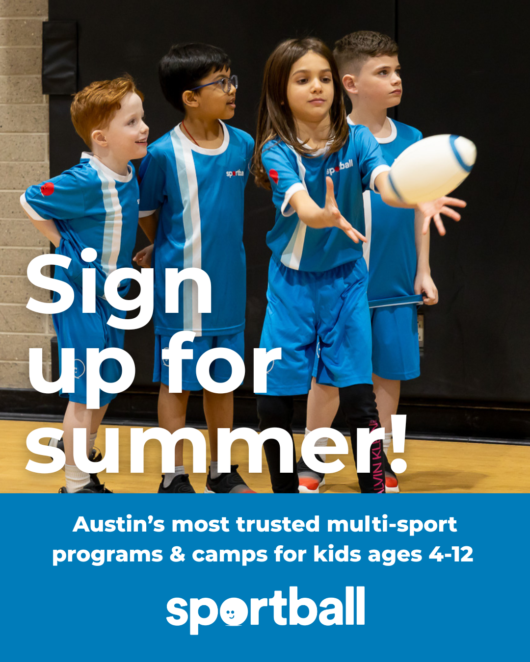 Sportball all-star campers ages 6 to 11 playing rugby in Austin