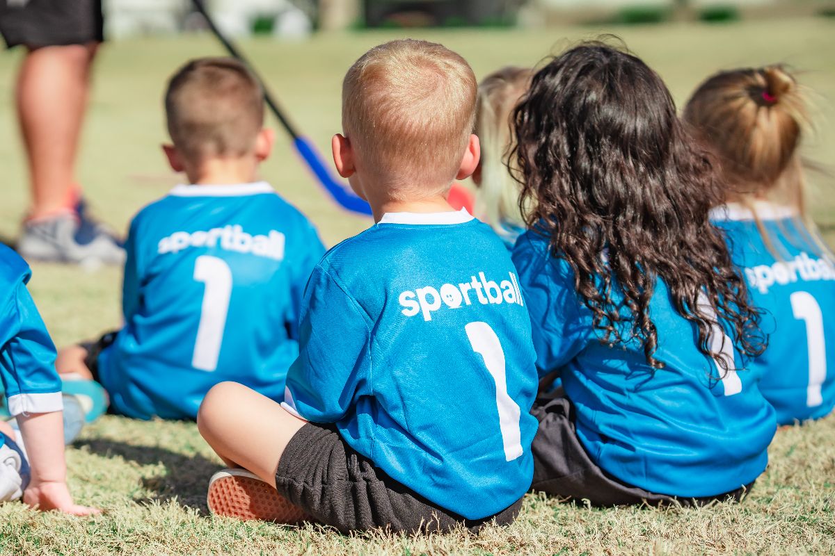 Junior Sportball campers ages 3 to 6 playing team games in Austin